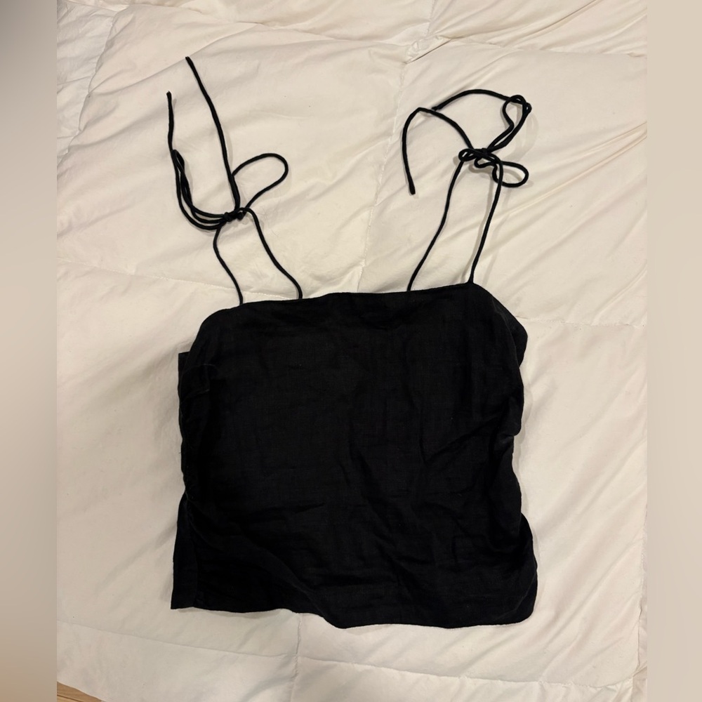 H&M Black Linen Tie-Shoulder Cropped Tank Top